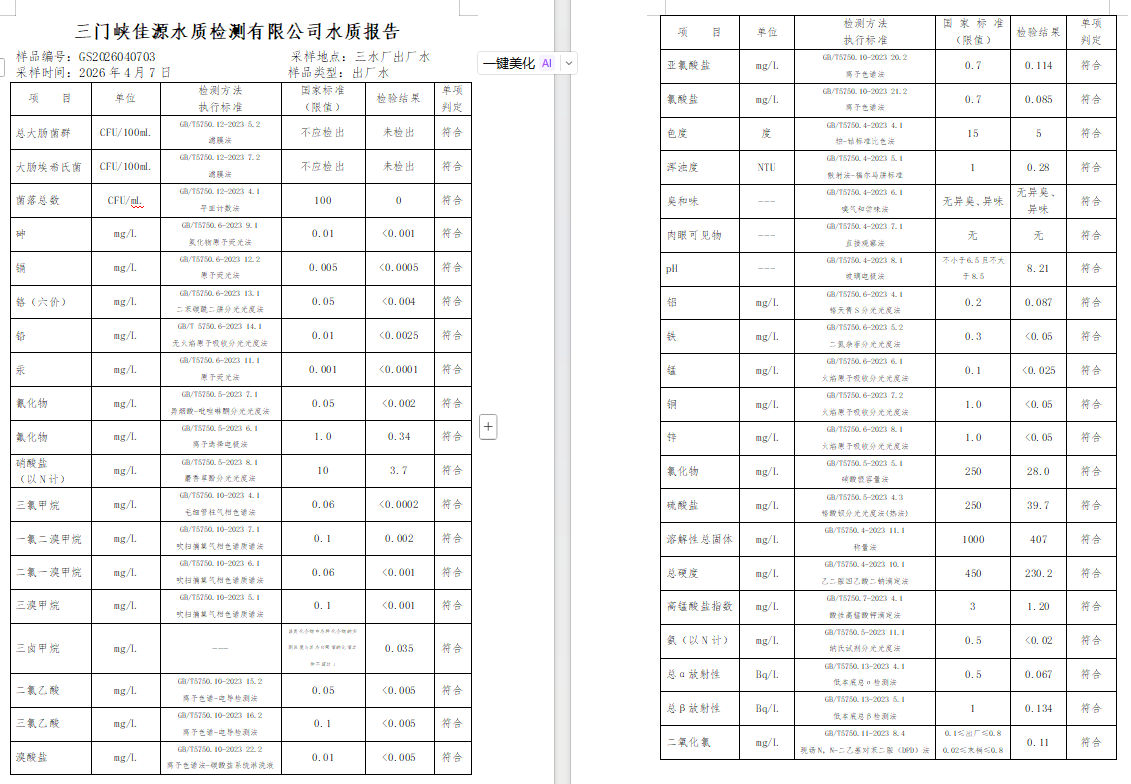 三门,峡市,供水,集团,有限,公司,出厂,水水, . 三门峡市供水集团有限公司出厂水水质信息（2026年04月）