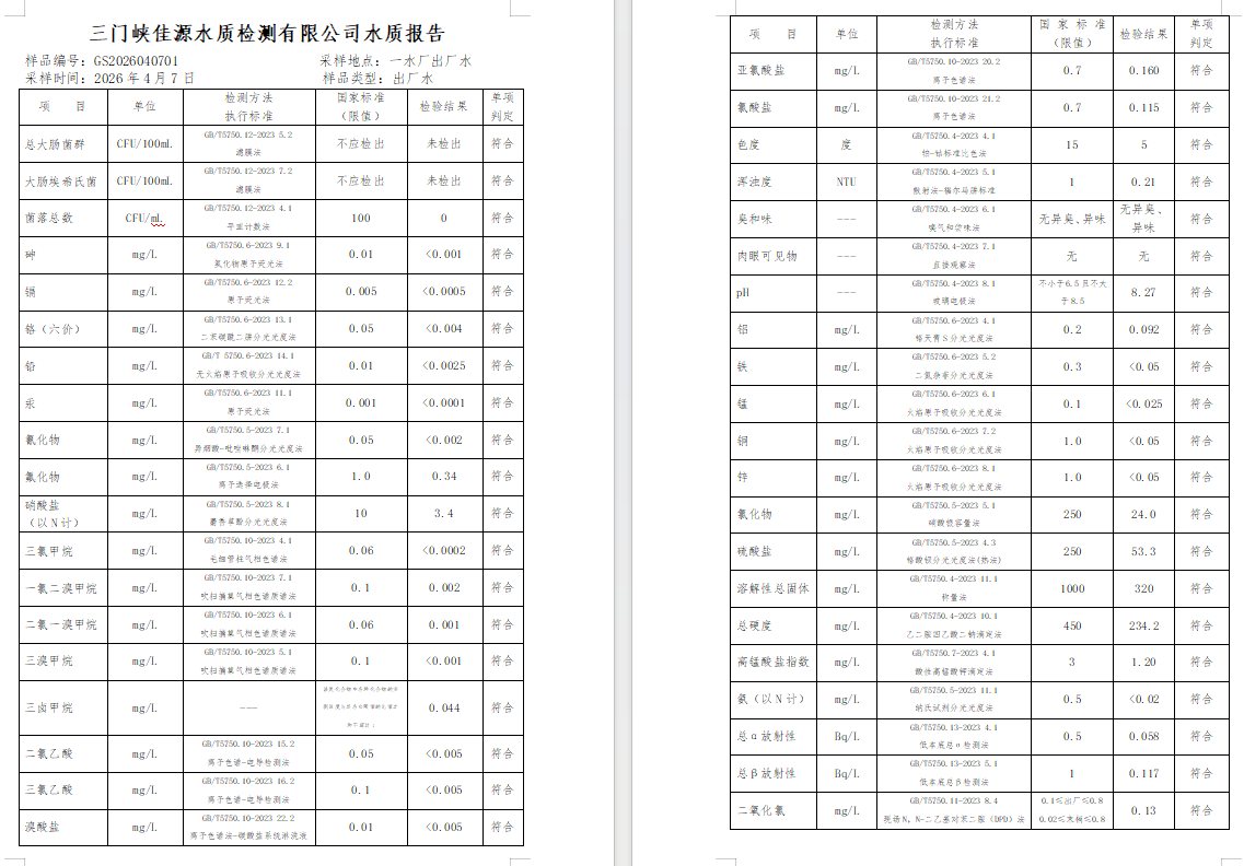 三门,峡市,供水,集团,有限,公司,出厂,水水, . 三门峡市供水集团有限公司出厂水水质信息（2026年04月）