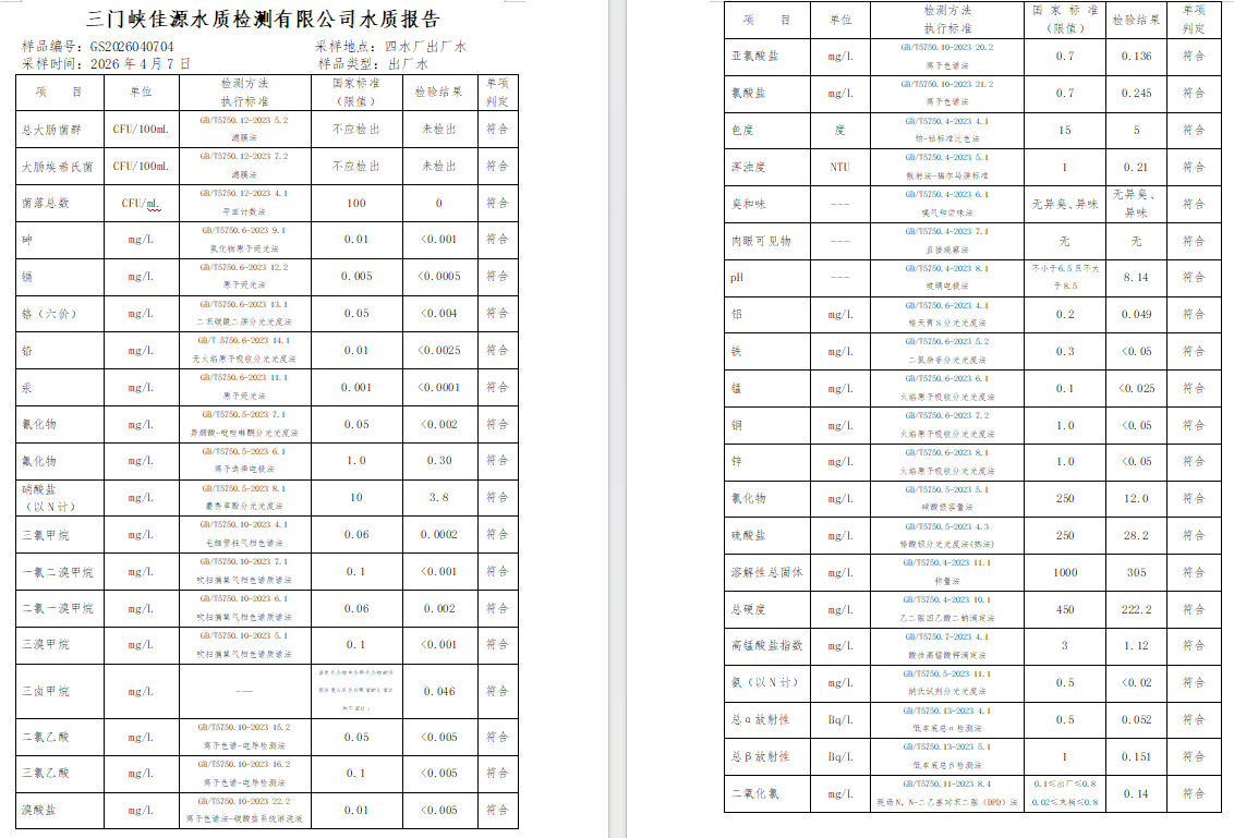 三门,峡市,供水,集团,有限,公司,出厂,水水, . 三门峡市供水集团有限公司出厂水水质信息（2026年04月）