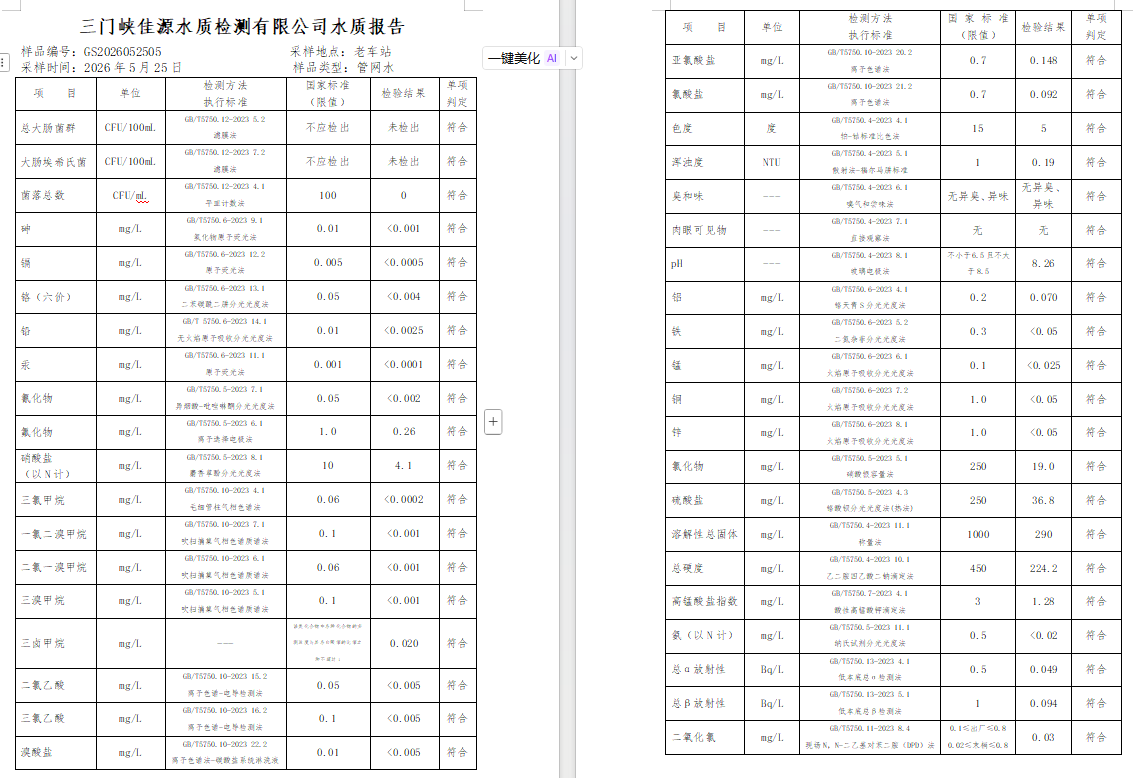 三门,峡市,供水,集团,有限,公司,出厂,水水, . 三门峡市供水集团有限公司出厂水水质信息（2026年05月）