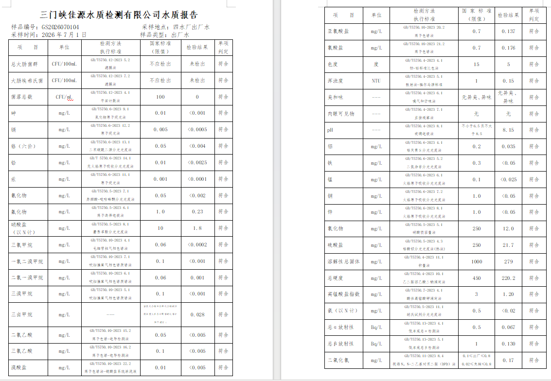三门,峡市,供水,集团,有限,公司,出厂,水水, . 三门峡市供水集团有限公司出厂水水质信息（2026年07月）