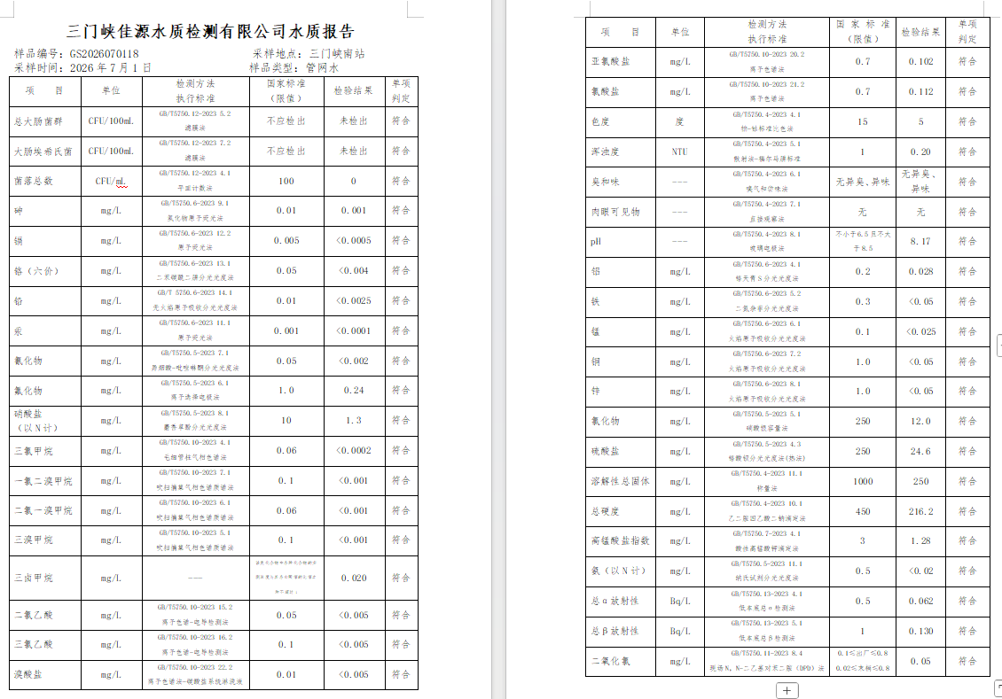 三门,峡市,供水,集团,有限,公司,出厂,水水, . 三门峡市供水集团有限公司出厂水水质信息（2026年07月）
