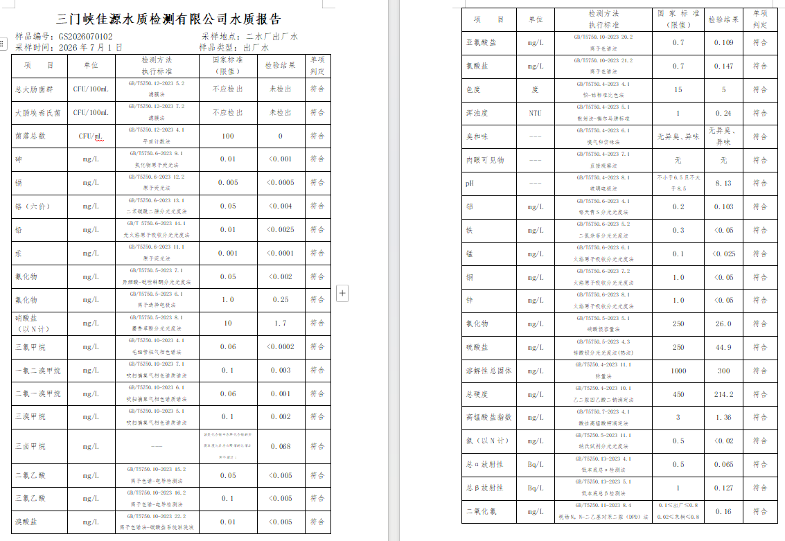 三门,峡市,供水,集团,有限,公司,出厂,水水, . 三门峡市供水集团有限公司出厂水水质信息（2026年07月）