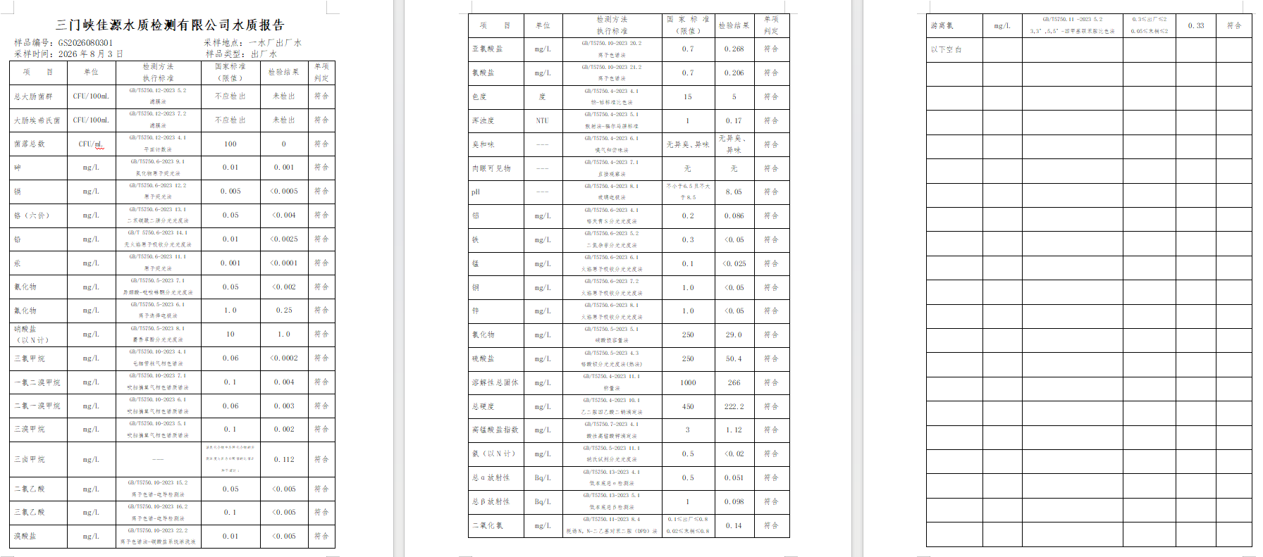 三门,峡市,供水,集团,有限,公司,出厂,水水, . 三门峡市供水集团有限公司出厂水水质信息（2026年8月）